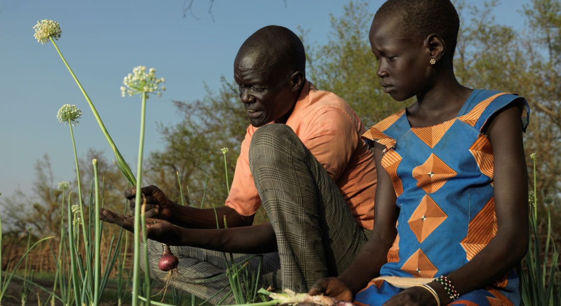 A man and child picking onions in South Sudan