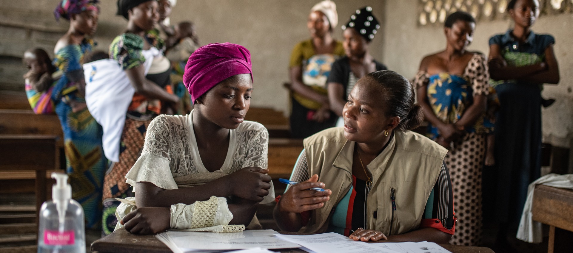 A psycho-social worker meets with women in Kichanga, DRC.