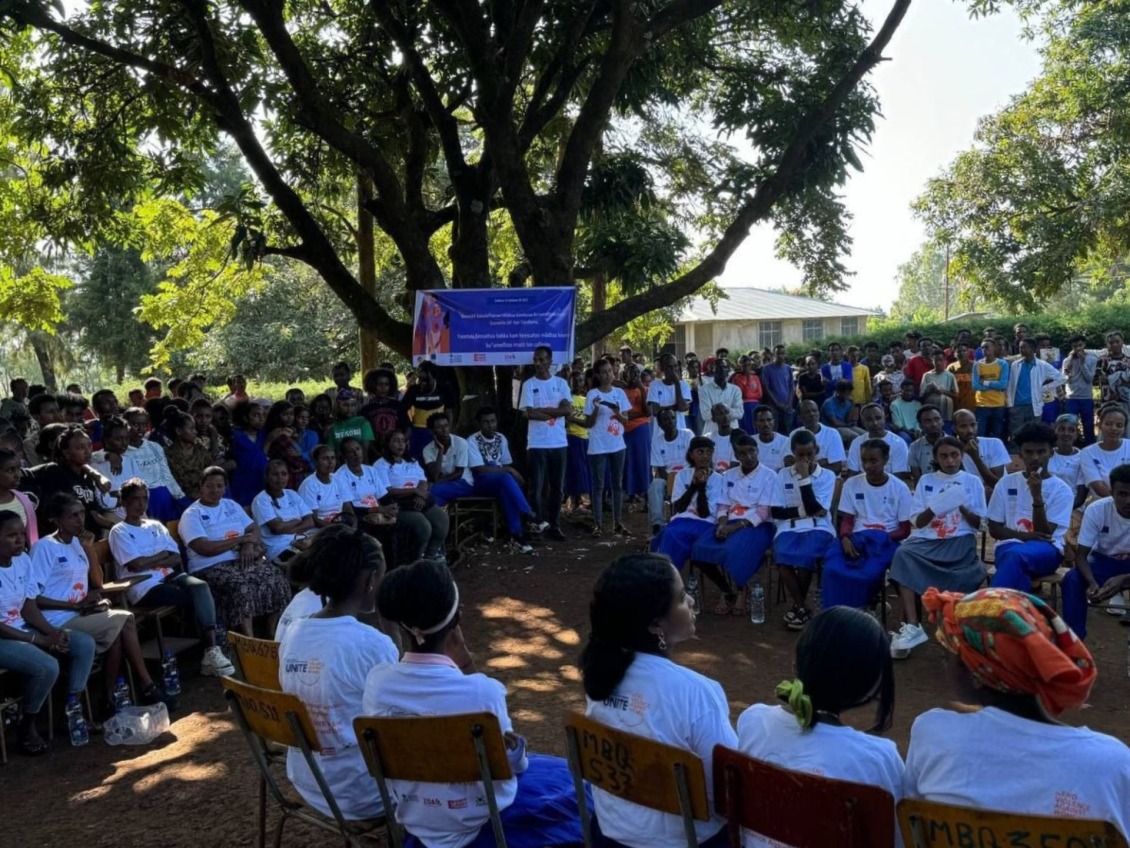 Students gather for a hygiene assembly.