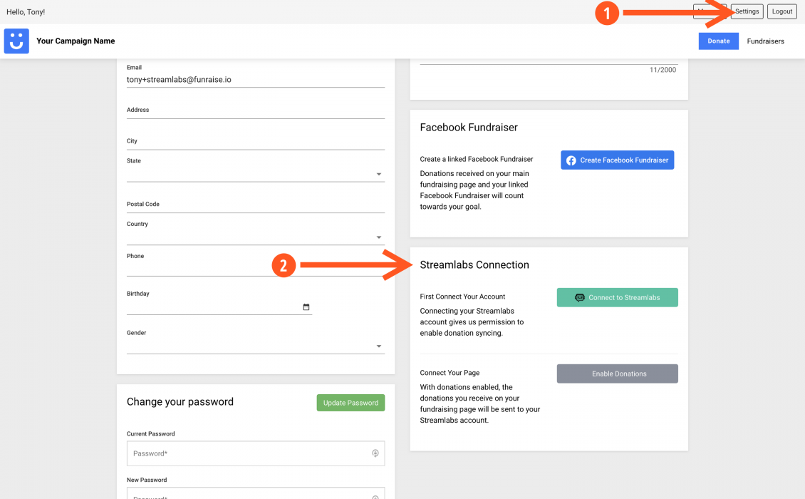 Screenshot showing the streamlabs integration with Funraise