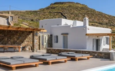 Poolside area in Mykonos, Greece